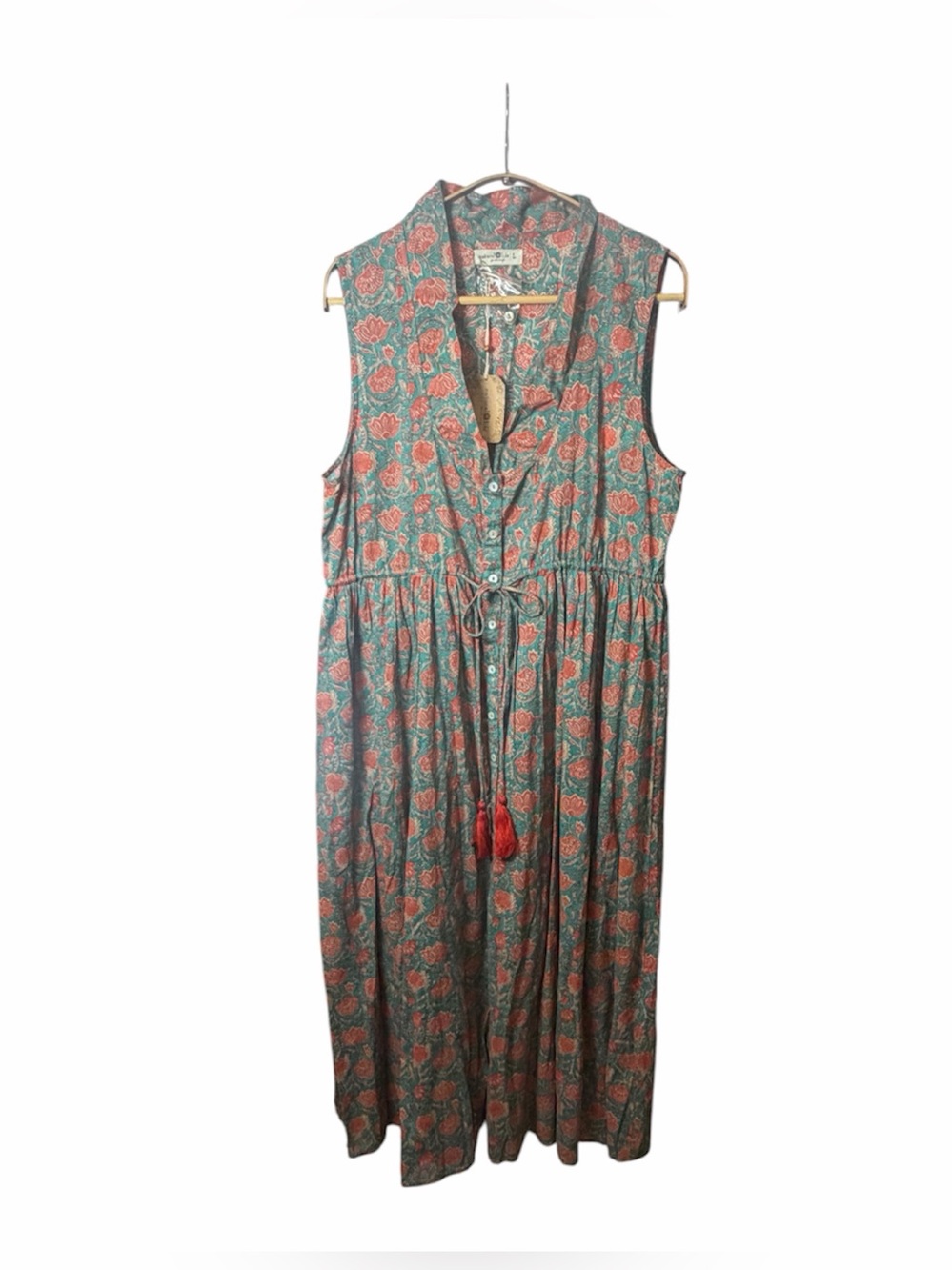 NWT NATURAL LIFE Teal Sleeveless Maxi Dress with Coral Floral Tassel Tie